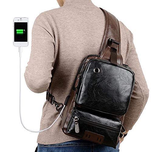 Sdiyabolo Small Black Sling Crossbody Backpack Shoulder Bag For Men Women Vintage Pu Leather Crossbody One Strap Casual Sling Backpack Cycling Usb Charger Larger Size #TOP1