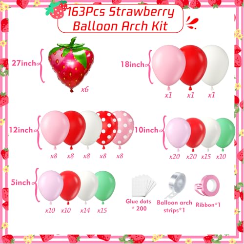 Image of Strawberry Balloons Garland Arch Kit 163pcs, Red and Pink Green Balloons for Sweet Girl Berry First Birthday Themed Baby Shower Valentine's Day Strawberry Party Decorations