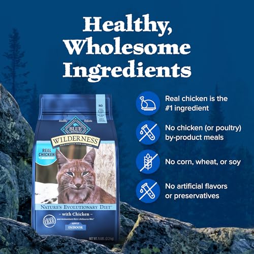 Blue Buffalo Wilderness Chicken Natural High-Protein Grain-Free Dry Food for Adult Indoor Cats, Real Chicken First, Antioxidant-Rich LifeSource Bits Support Immunity, Promotes Strong Muscles, 5 lbs.