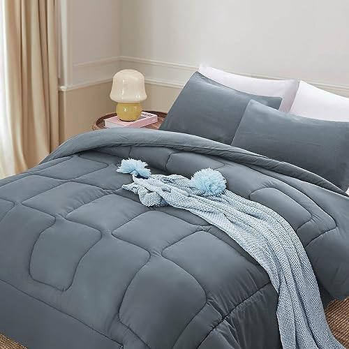 Airensky King Comforter Set (90×104 inches), Solid Color All Seasons Bedding Comforters 3 Pcs Bedding Sets with 1 Soft & Lightweight Microfiber Down Alternative Duvet Insert and 2 Pillowcases, Gray