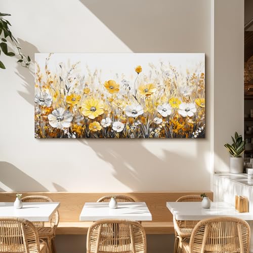 SERIMINO Wildflower Field Wall Art, Floral Botanical Extra Large Wall Decor, Gold and Silver Flower Canvas Prints, Modern Industrial Pictures for Living Room Bedroom Dining Room Home Office 30"X60"