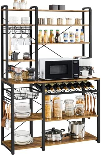 Yaheetech 43.5″W Kitchen Bakers Rack with Pull Out Wire Basket, 8 Tiers Microwave Stand Coffee Bar Station w/Wine Rack & Glass Holder & 12 Hooks, Utility Storage Shelf for Dining Room, Rustic Brown Yaheetech 43.5″W Kitchen Bakers Rack with Pull Out Wire Basket, 8 Tiers Microwave Stand Coffee Bar Station w/Wine Rack & Glass Holder & 12 Hooks, Utility Storage Shelf for Dining Room, Rustic Brown