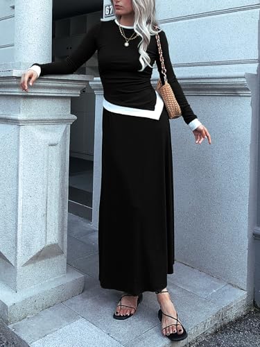 2 Piece Skirt Sets for Women 2024 Trendy Ribbed Knit Long Sleeve Crop Top Pleated Midi Flowy Skirts Matching Sets4