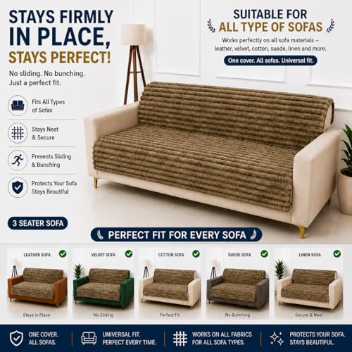Image of Homerz Premium Rabbit Fur Sofa Cover with Anti-Skid Backing, Soft Plush Fabric Sofa Protector for Living Room Furniture (Coffee, 5 (3+1+1) Seater, Seat Cover with Backrest)