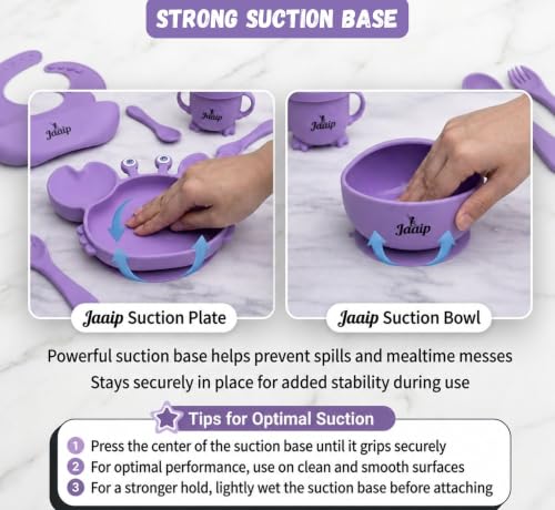 Image of JAAIP Silicone Baby Feeding Set - Suction Plate, bib, Fork, Bowl and Spoon for Products 6 to 12 Months Babies Spoons with Plates for Eating (Purple)