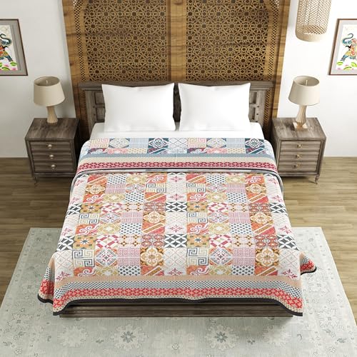 Image of BLOCKS OF INDIA 100% Cotton Dohar King Size Reversible Hand Block Printed Malmal Summer Dohar /Blanket (Orange Ikat, 300 Tc)