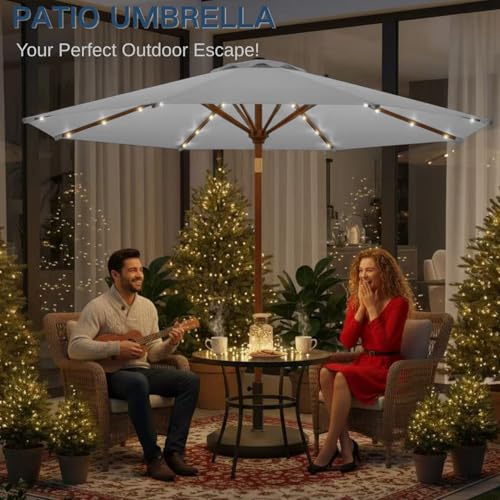 Image of 9' Solar LED Patio Umbrella with Tilt & Crank|8 Sturdy Ribs,UV Protection,Outdoor Market Table Umbrella for Deck,Lawn,Pool,Backyard(Light Gray)