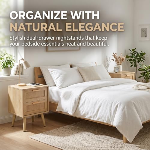 Finnhomy Nightstands Set of 2, Night Stands Set 2 with Hand Made Rattan Decorated Drawers, Nightstand, End Table, Bedside Tables Set of 2 for Bedroom, Natural, 2 Pack