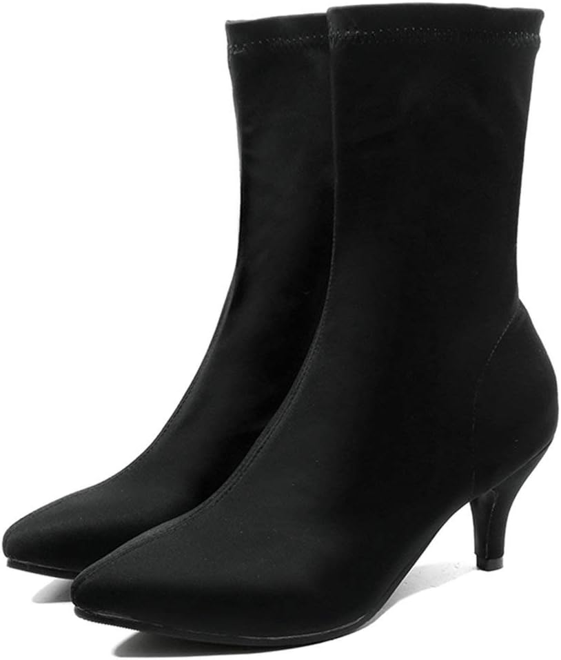 KOKOMOMO Womens Stretch Mid Calf Boot Pointed Sock Kitten Heel Ankle Boots