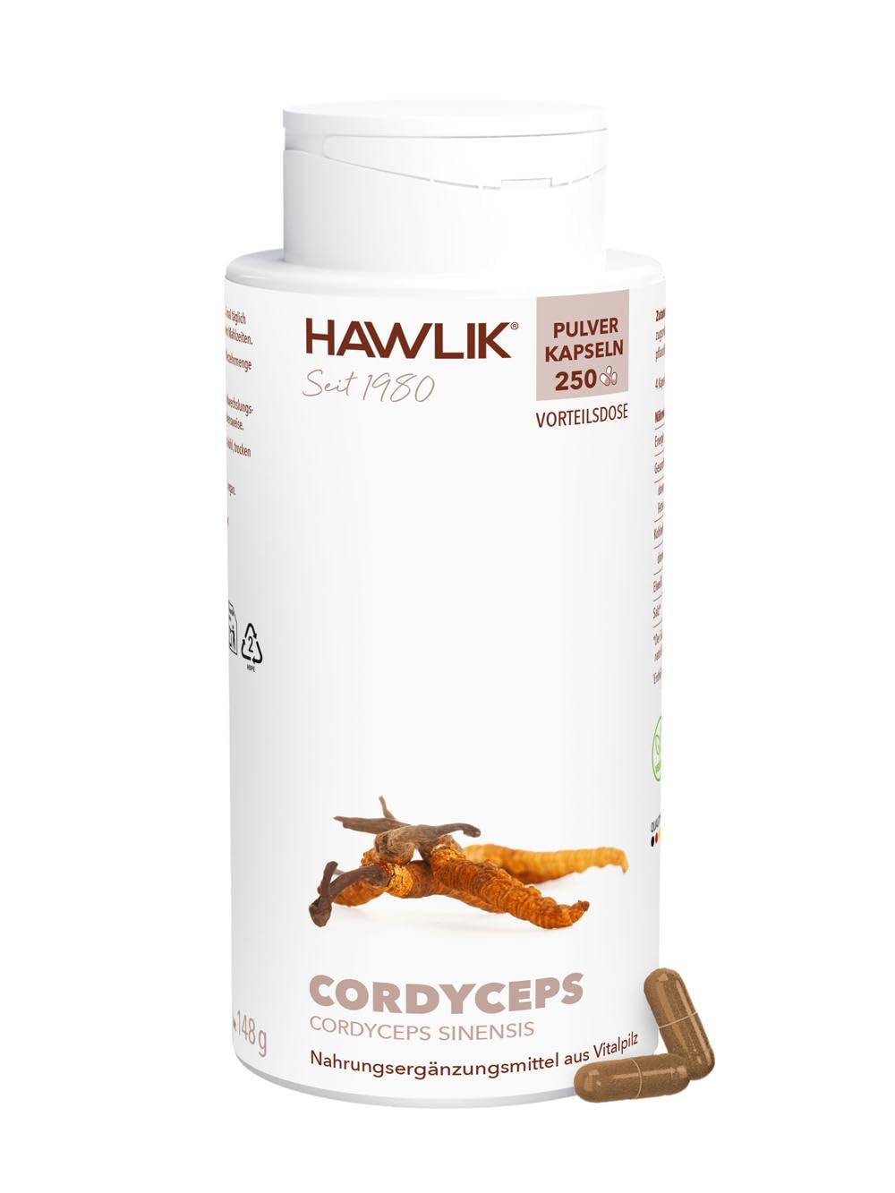 HAWLIK Vitalpilze Cordyceps Sinensis Pulver Kapseln - 250 Kapseln - 500 mg Vitalpilz Pulver - Vegan - Zuckerrohr-Dose
