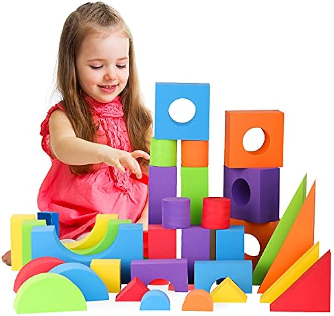 Large Building Foam Blocks for Toddlers – 30 Piece Giant Jumbo Big Building Blocks – Variety Shapes and Colors – Waterproof, Washable, Stackable, Non-Toxic Construction Daycare Preschool Toys