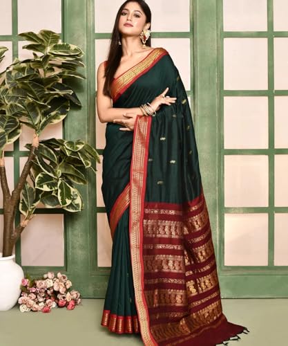 Image of Women's Kanjivaram Cotton Silk Saree South Indian Paithani Sari | gadwal cotton sarees with Zari Border and Blouse Piece - Suitable For All Indian Occasions and Festivals 191