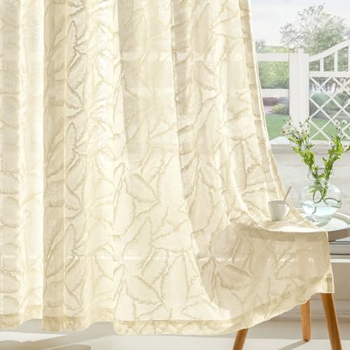 MIULEE Rideaux Voile Rideaux avec Motifs de Feuilles Semi-Transparents avec œillets Curtains Echarpes pour Salon Chambre à Coucher Chambre 2pcs. 140x240cm(L...