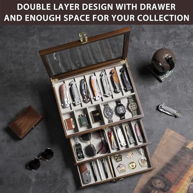 Pocket Knife Display Case for Collection of 30-36 Folding Knives, Pocket Case with Real Glass Window Top, Three-Tier Knife Organizer Storage Box, Men's Gift (Walnut)