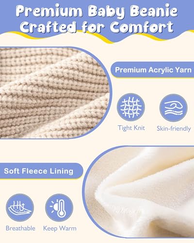 3 Pack Baby Winter Hats with Earflaps, 2 Size Kids Pom Pom Beanie for Infant Toddler Children, Smiley Face Hat for Girls Boys2