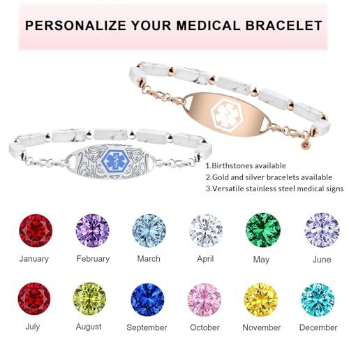 Custom Gemstone Medical ID Bracelets Engraved with Allergy, Diabetes, Epilepsy Alert Information for Women & Men4