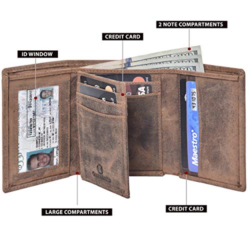RFID Leather Trifold Wallet with 9 card slots,2 Note pocket coin pocket & ID window2