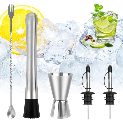 Juego de 5 cocteleras de acero inoxidable, herramientas de bar duraderas con vaso medidor, cuchara, vertedor de botellas, mortero de acero inoxidable, vaso medidor para barman, cocina, bar,
