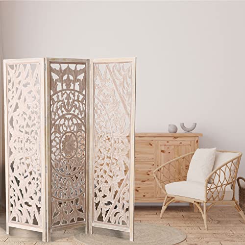 Daisy-Mandala-Room-Divider-Carved-Floral-Motifs-3-Panels-Natural-Mango-White-Wash-Distressed-Finish-Wood-Frame-Approx-6-Feet-Tall-715-Inches Daisy Mandala Room Divider Carved Floral Motifs 3 Panels Natural Mango White Wash Distressed Finish Wood Frame Approx 6 Feet Tall 715 Inches