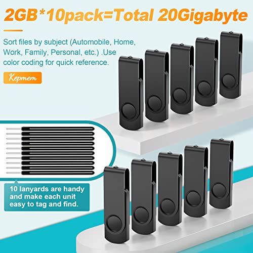 Image of 2GB USB Pendrive - 10 Pack USB 2.0 Flash Drives - Kepmem Black Portable Fashion Swivel Memory Sticks