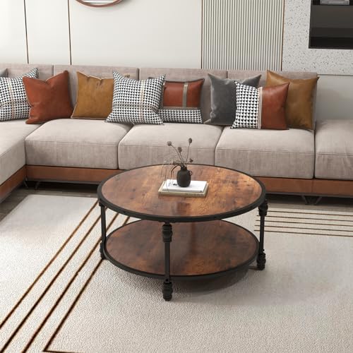 OPULENTHOME Großer Couchtisch, rund, aus Massivholz, Wohnzimmertisch im Vintage-Stil, 2 Ebenen, Beistelltisch mit Säulenfüßen, für Wohnzimmer, Büro, 72 x 72 x 48 cm – Bild 4
