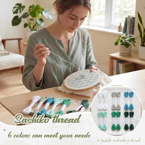 Image of Zeyune 12 Skeins Green Sashiko Thread 100% Cotton and 12 Pcs Needles Thread 20m(21.8yds) Sashiko Kit for Hand Quilting and Embroidery Projects Pick Stitching Denim