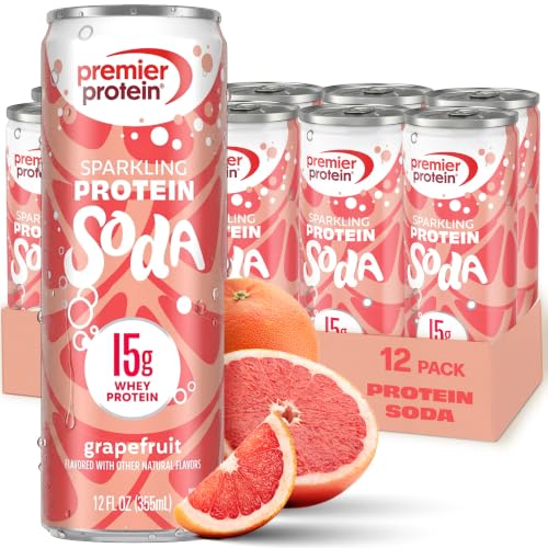 Image of Premier Protein Sparkling Protein Soda, Grapefruit, 15g Whey, 12 Pack | Soft Drink with Benefits, 5 Ingredients, No Artificial Colors or Flavors, 3g Sugar, 12 oz