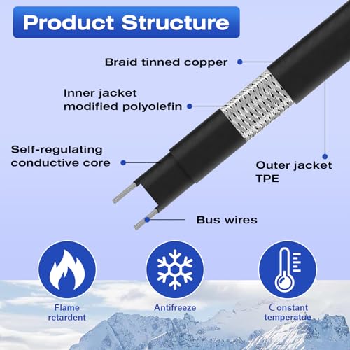 Image of 3FT-160FT Heat Tape for Water Pipes, -40F Deicing Pipe Heat Cable,Electric Heating Cable Pipe,Frezze Protection for Heat Trace Cable for Metal, Plastic Home Pipes,Gutter,120V 5W /ft（6FT）