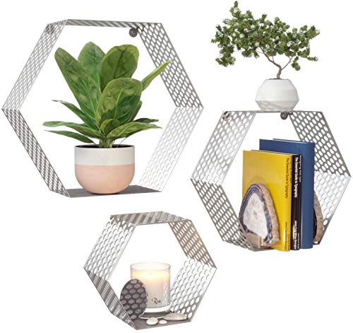 OD House Hexagon Floating Shelves – Set of 3 Modern Metal Honeycomb Shelves for Wall. Polished Stainless Steel Shelves…