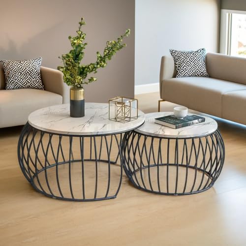 Image of Elegant Round Coffee Table Set of Two for The Home Nesting Tables Waterproof Tea Table with Marble Top Finish (White Black)