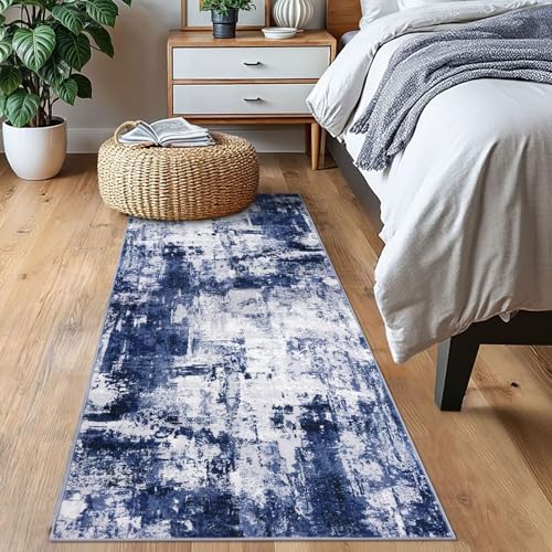 KOZYFLY Modern Abstract Runner Rug 2x6 Navy Blue Runners for Hallways Kitchen Rug Non Slip Washable Carpet Rug Runner Laundry Mat with Soft Low Pile for Entryway Bathroom Bedroom Kitchen
