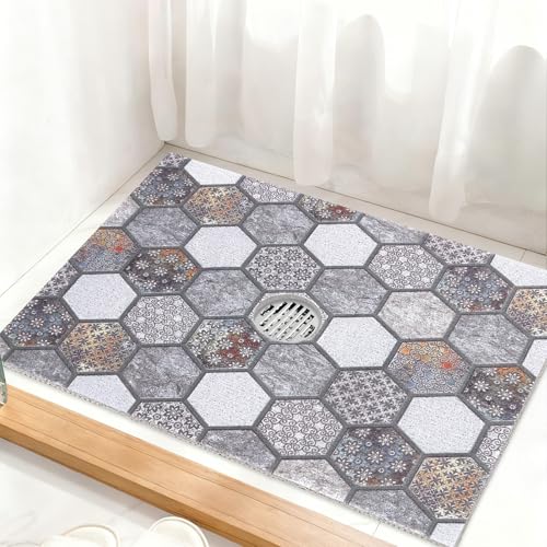 Image of Square Shower Mat Non Slip: 32 x 24 Inch Extra Large Shower Mats with Drain Hole in Middle - PVC Loofah Anti Slip Shower Floor Matt for Inside Shower