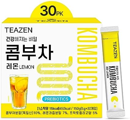 TEAZEN Lemon Kombucha Powder, Hydration Drink Mix, Sugar Free, Live Probiotics & Prebiotics, On-the-Go 30 Packets, 5.29oz