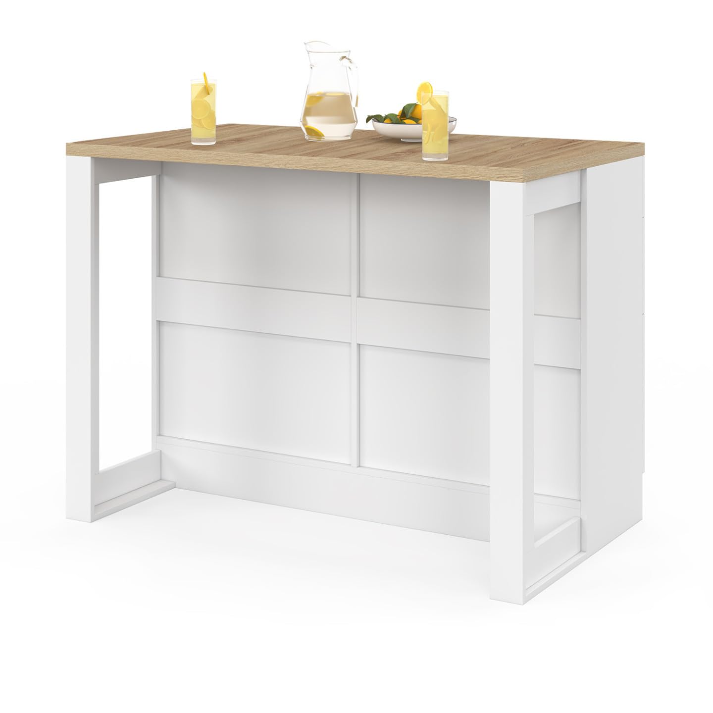 IDMarket - Ilot Central Mange-Debout Orso 120 cm casserolier 6 tiroirs Blanc avec Plan de Travail façon hêtre