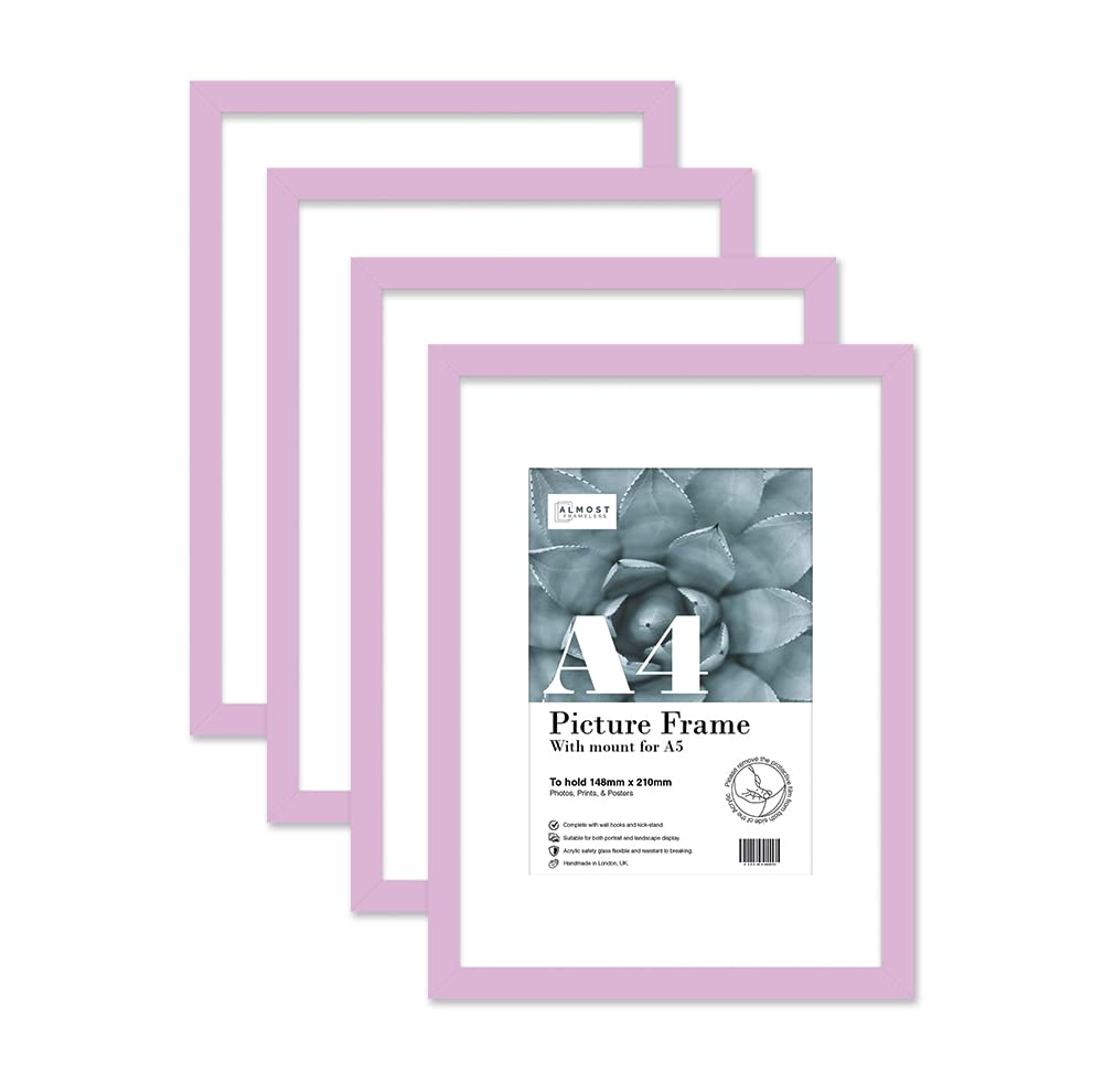 Almost Frameless A4 Lilac Picture Frame Set of 4, Display A5 Pictures with Mount or A5 Without Mount Gallery Wall, Poster, Photo, Artwork, or Print, Lilac