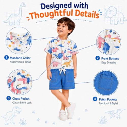 Image of Googo Gaaga Baby Boys Half Sleeve Dinosaur Printed Cotton Shirt with Shorts Clothing Set for Kids