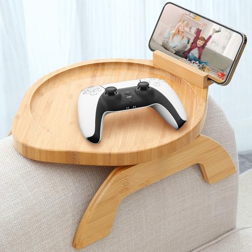 AISONGDONG Couch Arm Tray Table,Bamboo Sofa Side Tables Clip-on Couch with 360° Phone...