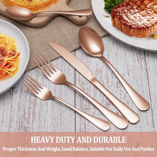 Image of 20 Pcs Rose Gold Silverware Set Service for 4, Premium Stainless Steel Flatware Set, Cutlery Utensil Set, Durable Home Kitchen Eating Tableware Set, Include Fork Knife Spoon Set, Dishwasher Safe