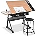 GOPLUS Table à Dessin Inclinable avec Tabouret, Station de Dessin Hauteur Réglable 65-90,5 CM, Plateau Coulissant, 2 Grands Tiroirs et Porte-Stylo, Support Triangulaire, pour Peinture, Architecte