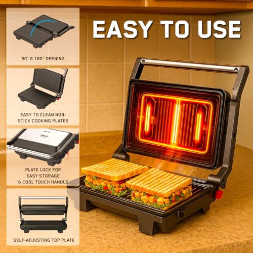 Image of INASLA 1000W Sandwich Maker|Non-Stick Coated Plated|Scratch Resistance|180 Open Sandwich Griller|Dual Safety with Thermostat & Fuse|Cool Touch Handle|Easy To Clean, Regular Bread Slice2,Grill Master