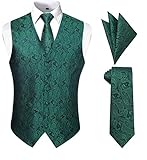 Enlision Mens Paisley Vest Set Classic Green Floral Jacquard Dress Waistcoat and Necktie Pocket Square Formal Party Vests for Suit or Tuxedo