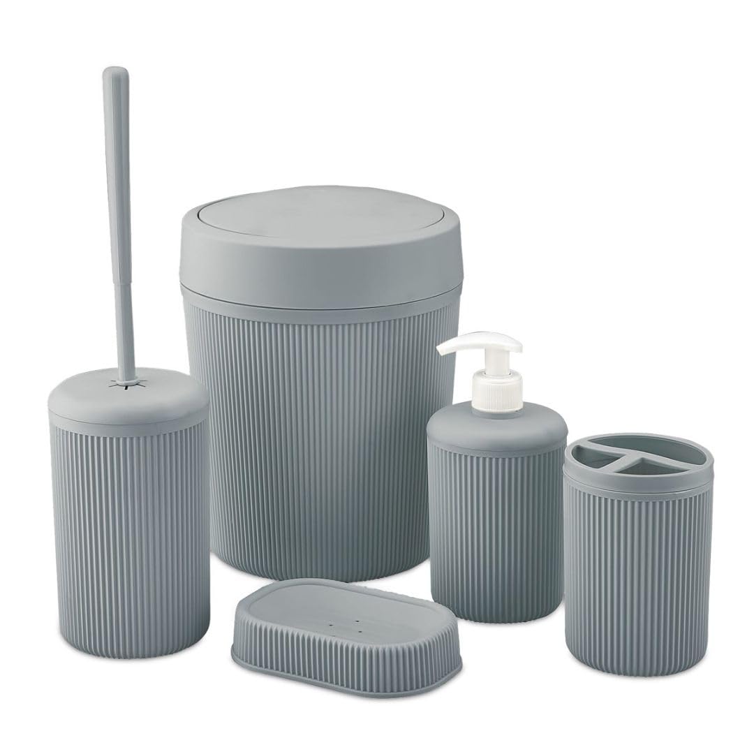 5-Piece Bathroom Set, Chic Bathroom Accessories Set with Waste Bin, Soap Dish, Toothbrush Holder, Soap Dispenser & Toilet Brush, Two Stylish Colors