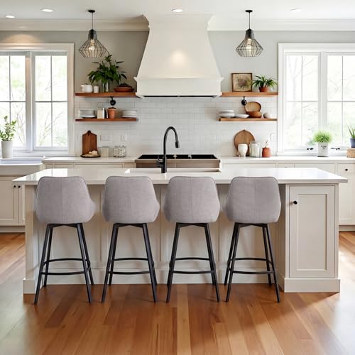 Image of Zesthouse Swivel Bar Stools Set of 3, Modern Counter Height Barstools with Backs, 26'' Upholstered Linen Fabric High Chairs for Island Kitchen, Counter Height Chairs with Metal Legs, Grey