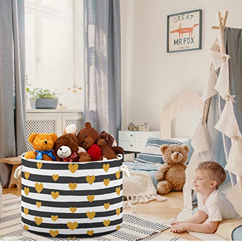Image of visesunny Collapsible Large Capacity Basket Gold Heart Black White Striped Clothes Toy Storage Hamper with Durable Cotton Handles Home Organizer Solution for Bathroom, Bedroom, Nursery, Laundry,Closet