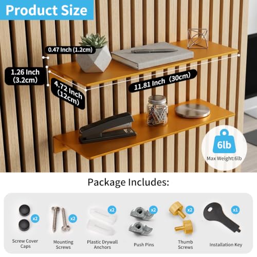 Image of Art3d Floating Shelves for Wood Slat Panels, 11.8 x 4.7 in, 2-Pack, Gold