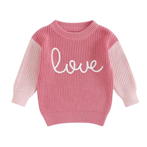 Girls Valentines Day Sweater Toddler Girl Valentines Day Outfit Love Embroidery Knit Pullover Sweatshirt Top(C-Pink,3-4T)