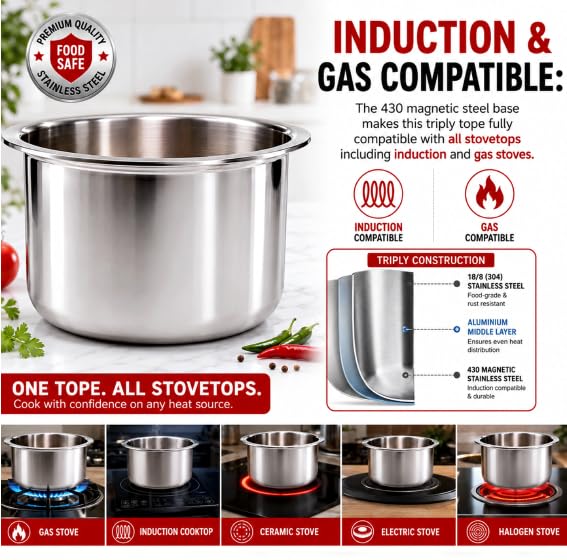 Image of Triply Stainless Steel Tope, Induction and Gas Stove Compatible, Heavy Duty Cookware Patila (26 cm)