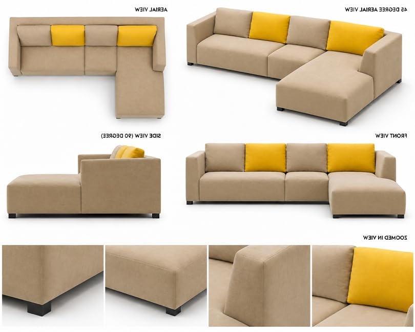 Image of FURNY Olympus 6 Seater RHS L Shape Sofa Set | Plush Velvet Suede Fabric | Modern Design | Soft Comfort Dual Color Cushions for Living Room, Office & Hotels (Beige-Yellow)