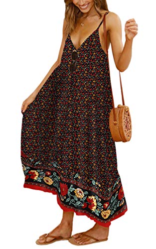 Image of Angashion Women's Dresses Floral Adjustable Spaghetti Strap V Neck Boho Long Maxi Dress Summer Beach Flowy Ethnic Sundress
