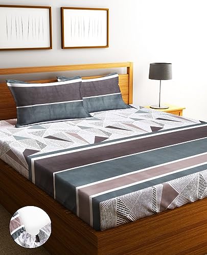Image of Home Sizzler 210TC Triangulastripe Multicolor Elastic Fitted Double Bedsheet with 2 King Size Pillow Covers, Fit for Mattress: 72 inchX75 inch & 72 inchX78 inch